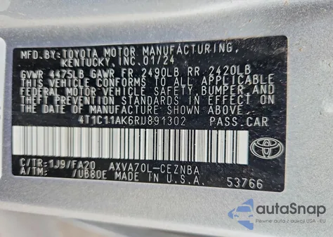 2024 Toyota Camry Le z USA, uszkodzony, nr VIN 4T1C11AK6RU891302